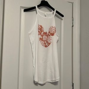 District white halter tee with floral Mickey print, size L.